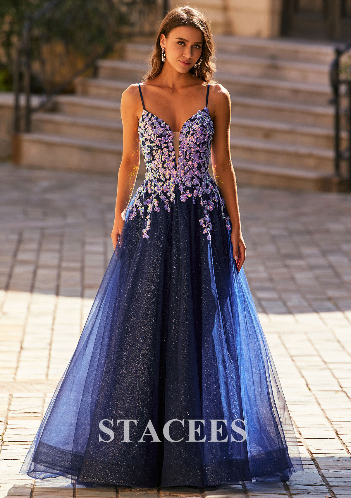 Dark Navy A-line V Neck Sweep Train Glittery Tulle Leaf Sequins Prom Dress - STACEES
