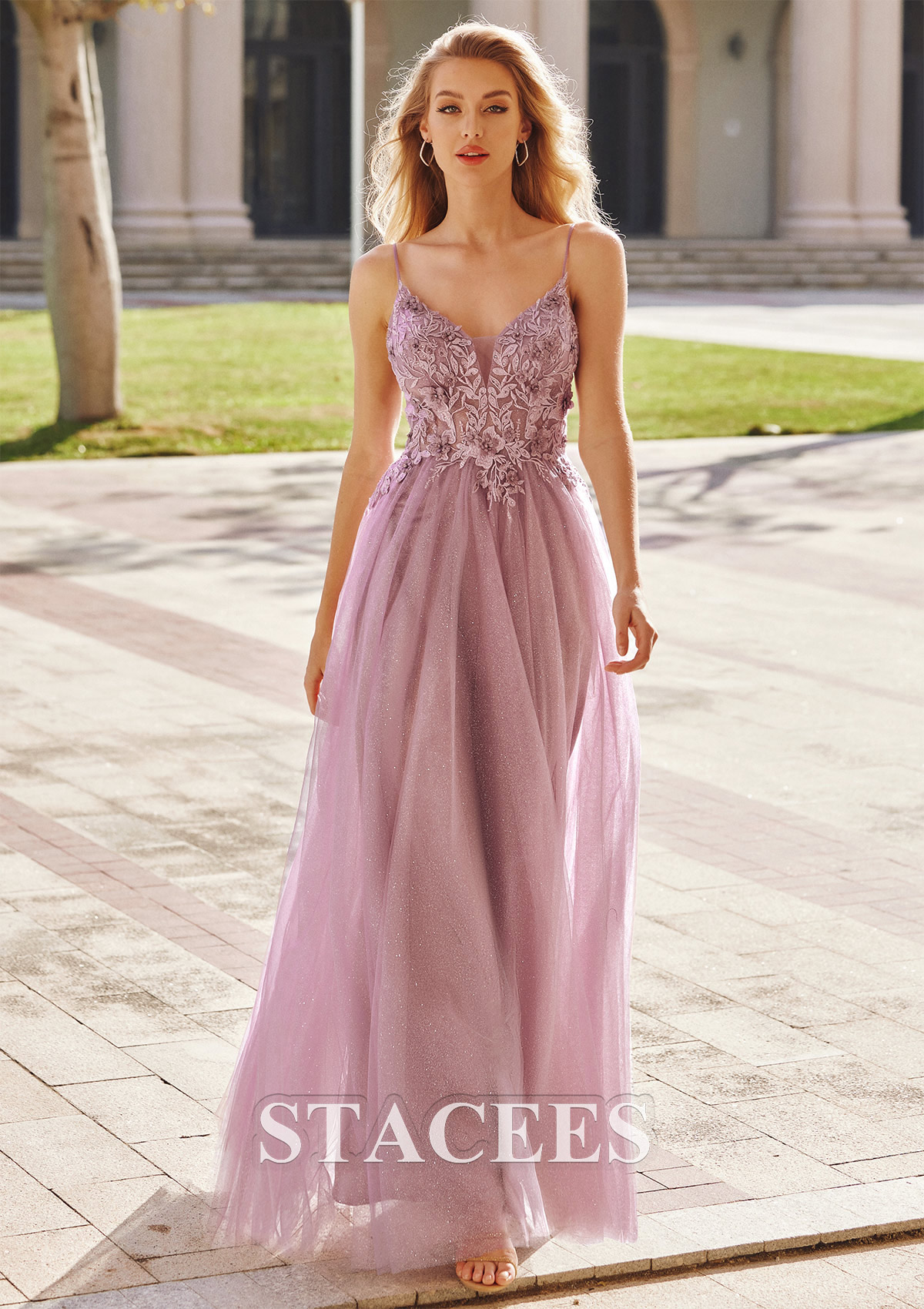 Mauve Vestido línea a escote en v tul hasta el suelo vestido de graduación - STACEES