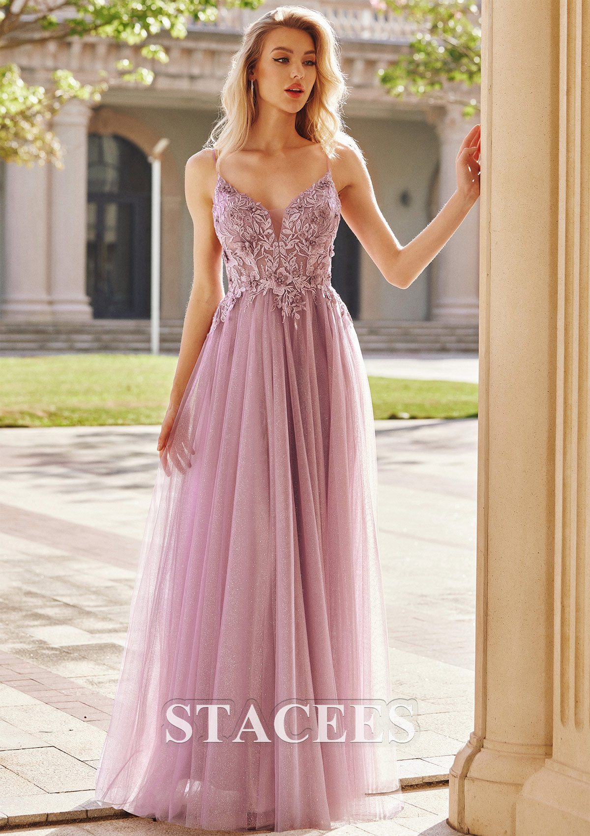 Mauve Vestido línea a escote en v tul hasta el suelo vestido de graduación - STACEES