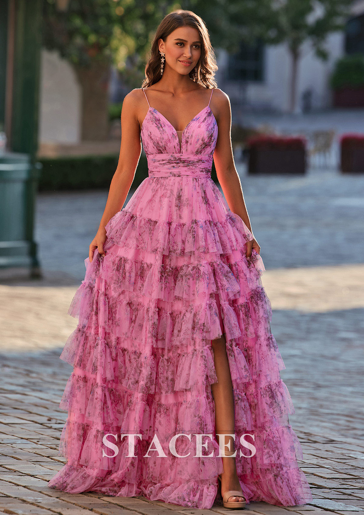 Candy Pink Vestido línea a escote en v tul barrer/cepillo tren vestido de graduación - STACEES