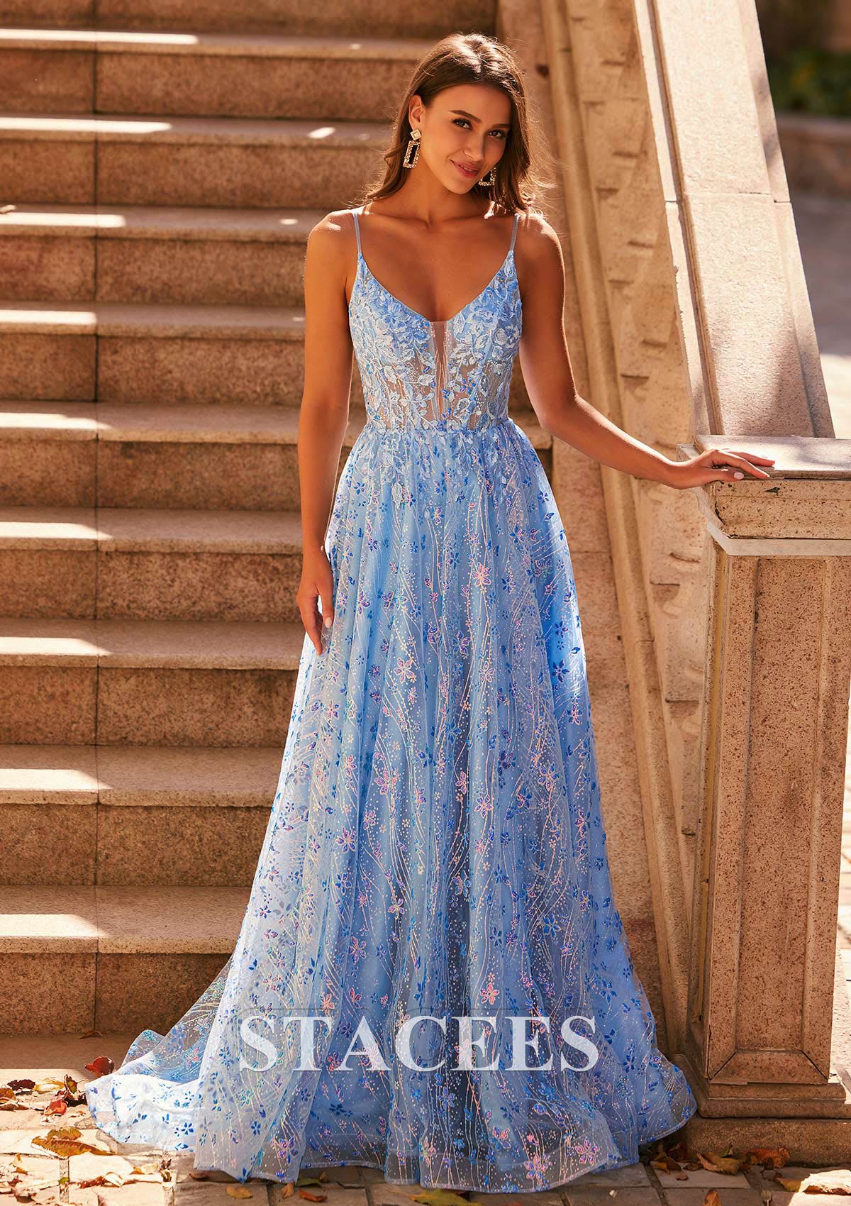 Sky Blue A-line V Neck Tulle Sweep Train Prom Dress with Appliqued Sequins Glitter - STACEES