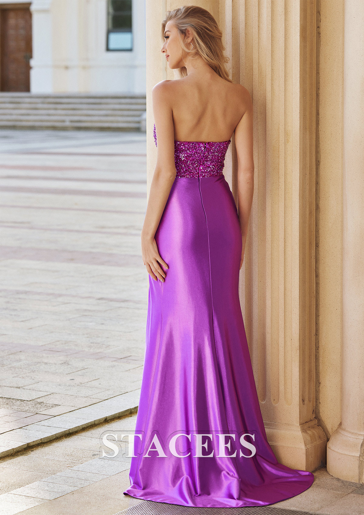As Picture Sheath/Column Strapless Sweep Train Silk like Satin Prom Dress with Sequins Split - STACEES