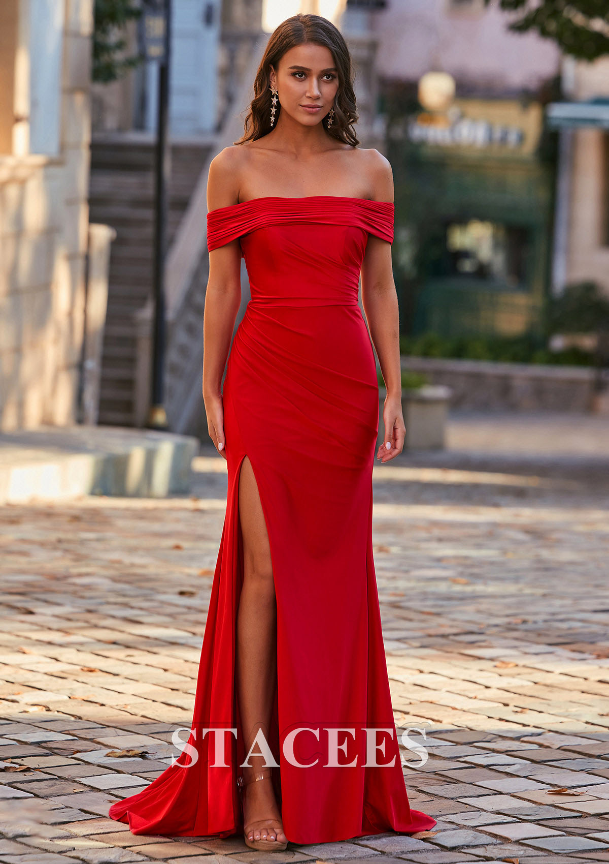 Red Trumpet/Mermaid Off-the-Shoulder Jersey Sweep Train Prom Dress with Pleated Split - STACEES
