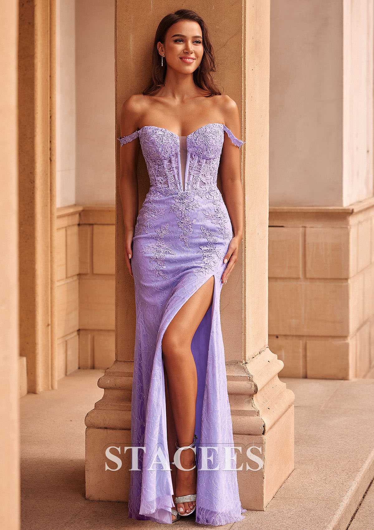 Lilac Trumpet/Mermaid Off-the-Shoulder Lace Sweep Train Prom Dress with Beading Split - STACEES