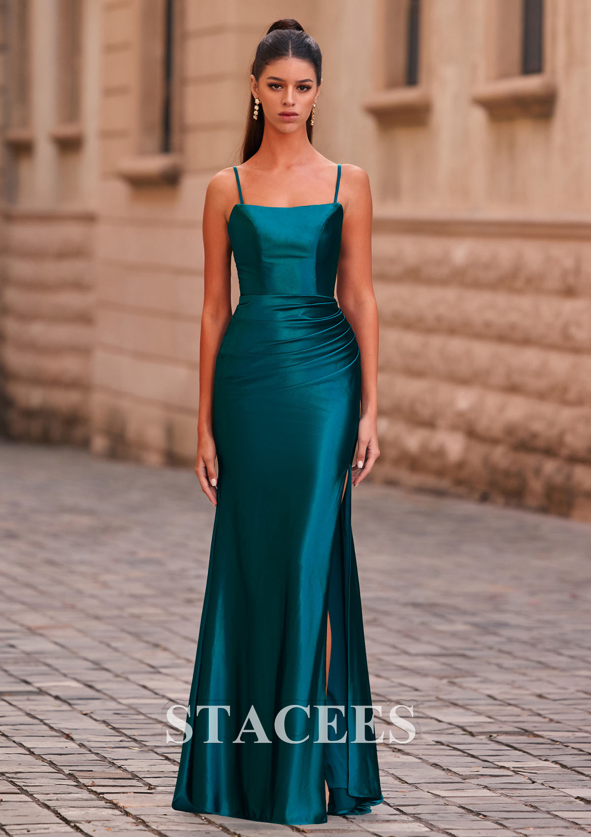 Peacock Corte trompeta/sirena escote redondo seda como el satén hasta el suelo vestido de graduación - STACEES