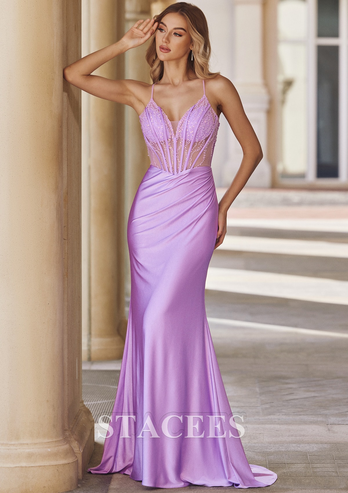 Lila Corte trompeta/sirena escote en v jersey barrer tren vestido de graduación - STACEES