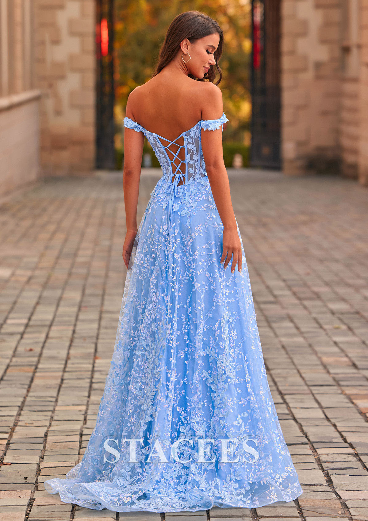 Bleu Ciel Trapèze épaule dénudée tulle traîne balayage robe de bal  - STACEES