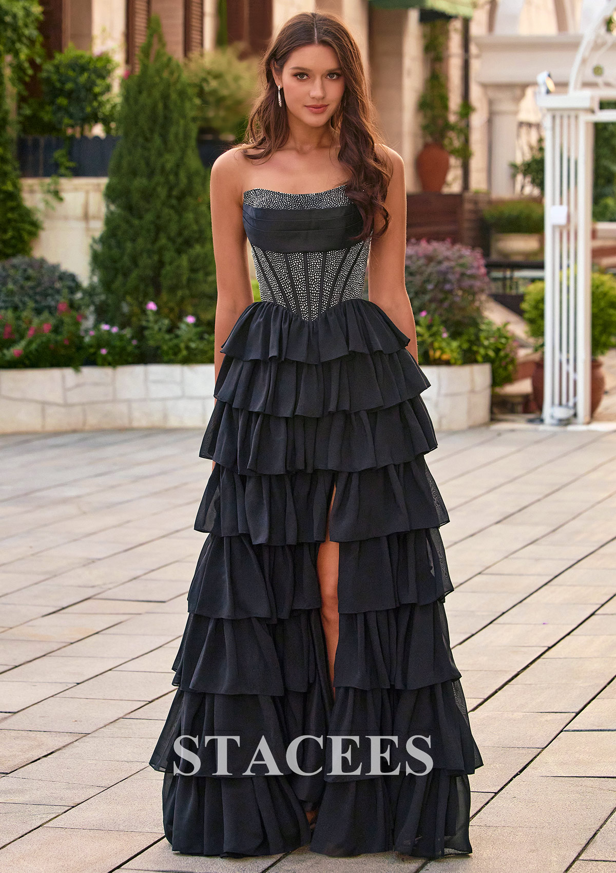 Black Strapless Ruched A-line Hotfix Corset Tiered Ruffle Chiffon Prom Dress with Slit - STACEES