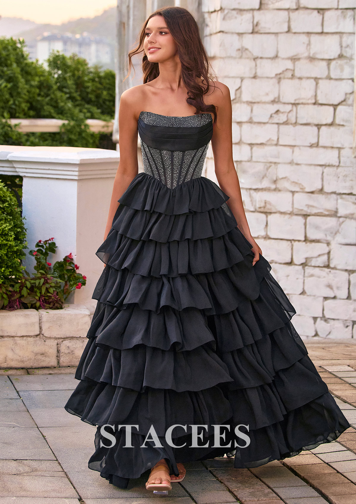 Strapless Ruched A-line Hotfix Corset Tiered Ruffle Chiffon Prom