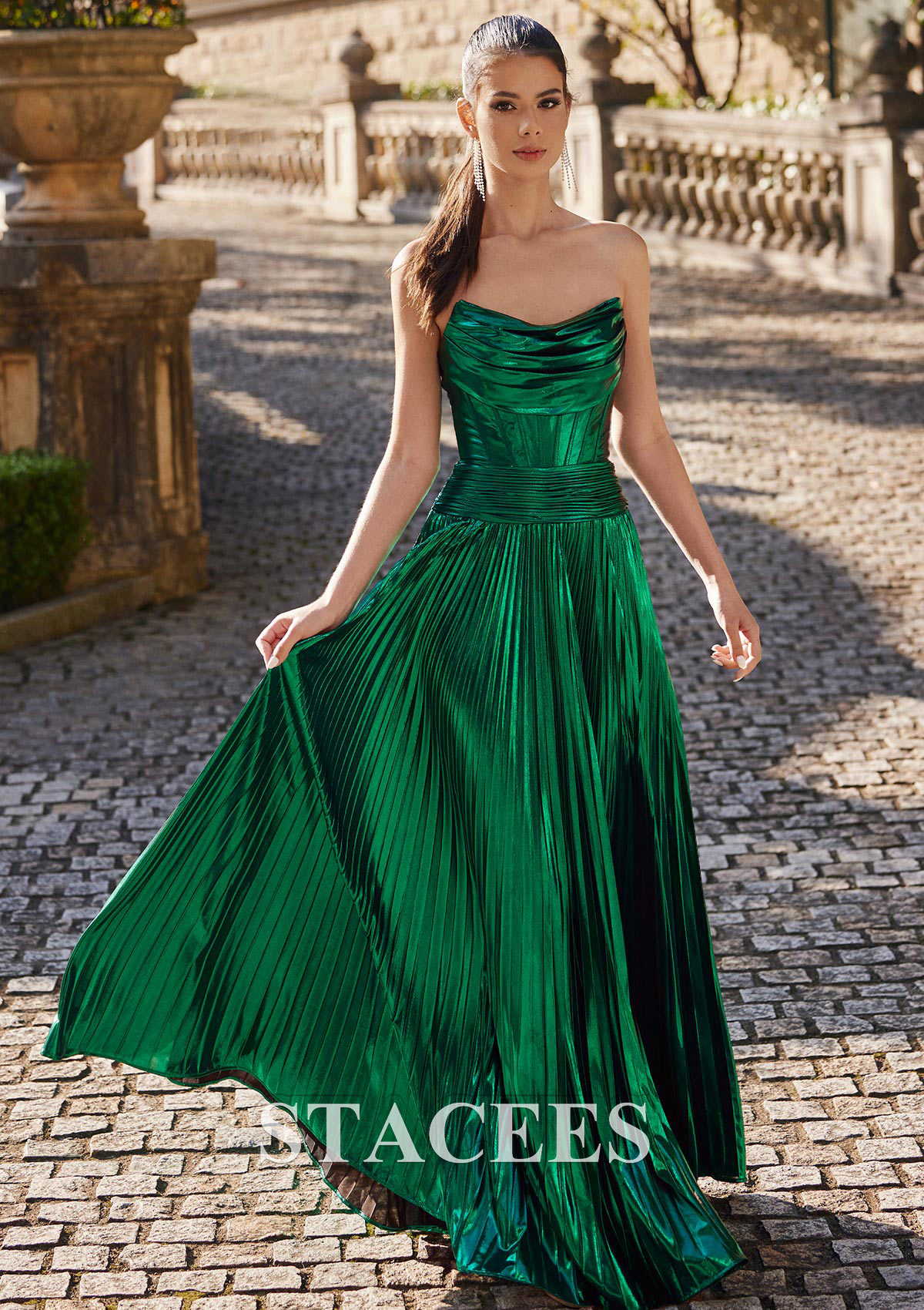 Dark Green A-line Square Neckline Floor-Length Metallic Prom Dress with Pleated - STACEES