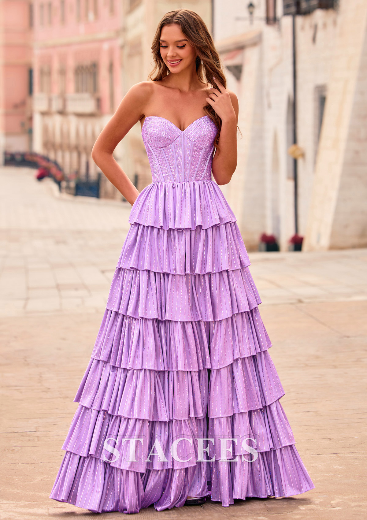 Lilas Trapèze cache coeur soie comme du satin longueur ras du sol robe de bal avec strass thermocollant volants - STACEES