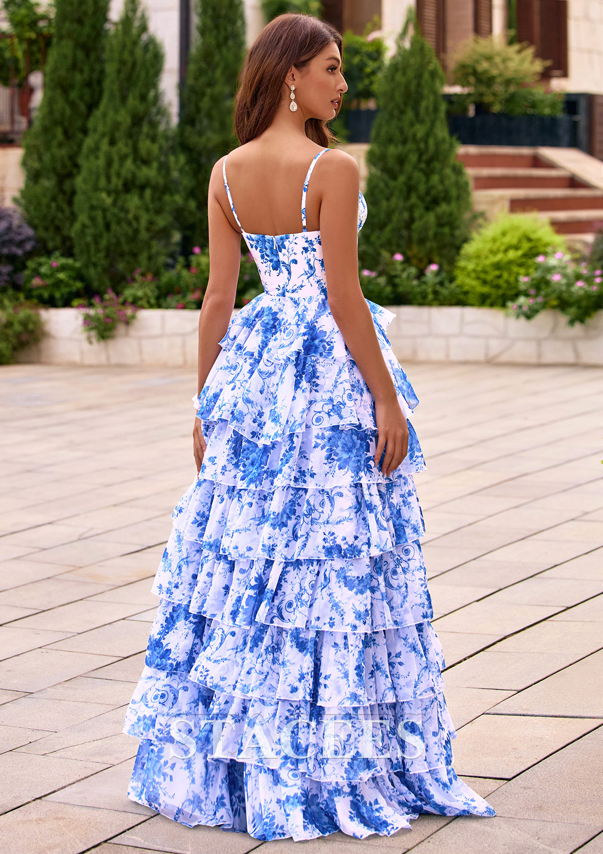 Ocean Blue Floral A-line V Neck Spaghetti Strap Floral Print Tiered Ruffle Prom Dress with Slit  - STACEES