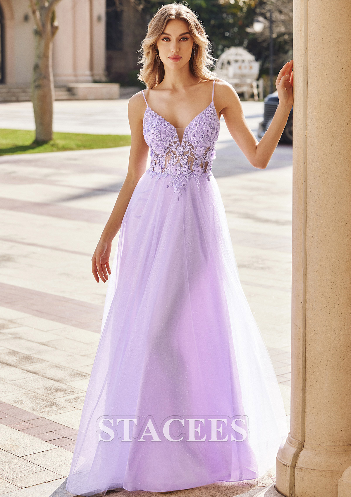 Lilac A-line V Neck Sleeveless Floor-Length Tulle Prom Dress with Appliqued Beading Flowers Glitter - STACEES