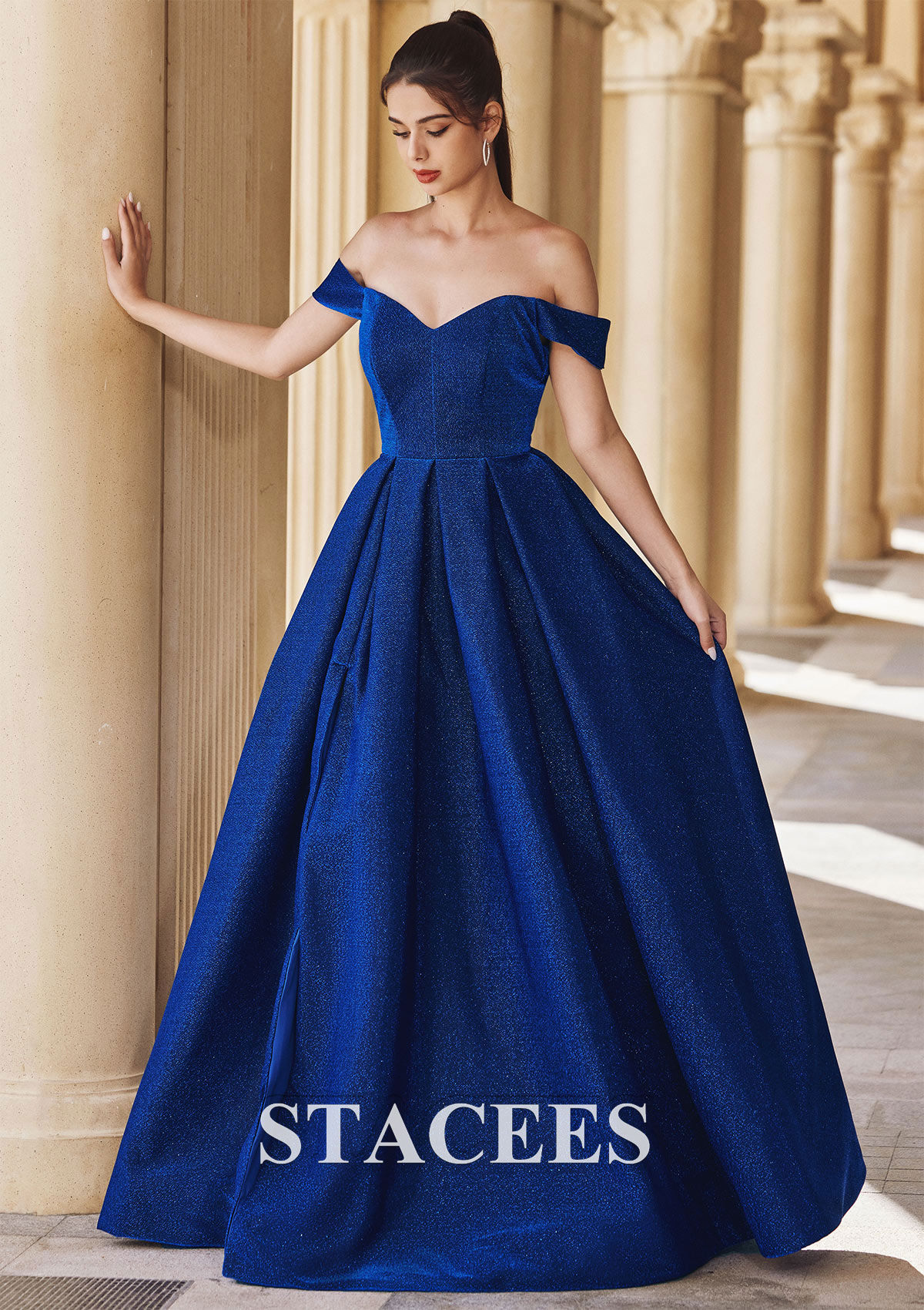 Royal Blue Vestido línea a escote en v hilo metálico barrer tren vestido de graduación - STACEES