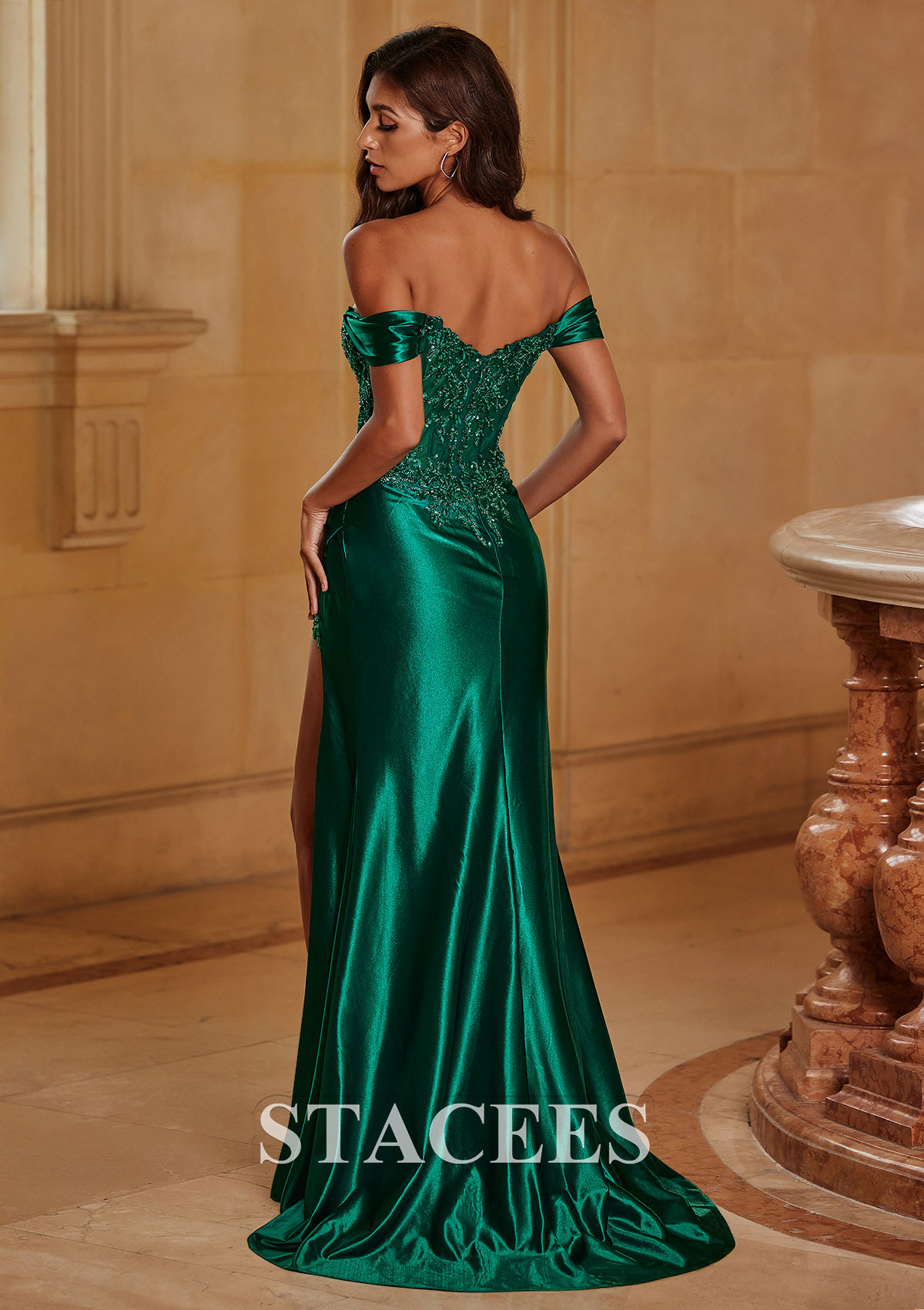 Dark Green Off-the-Shoulder Applique Corset Slit Long Prom Dress - STACEES