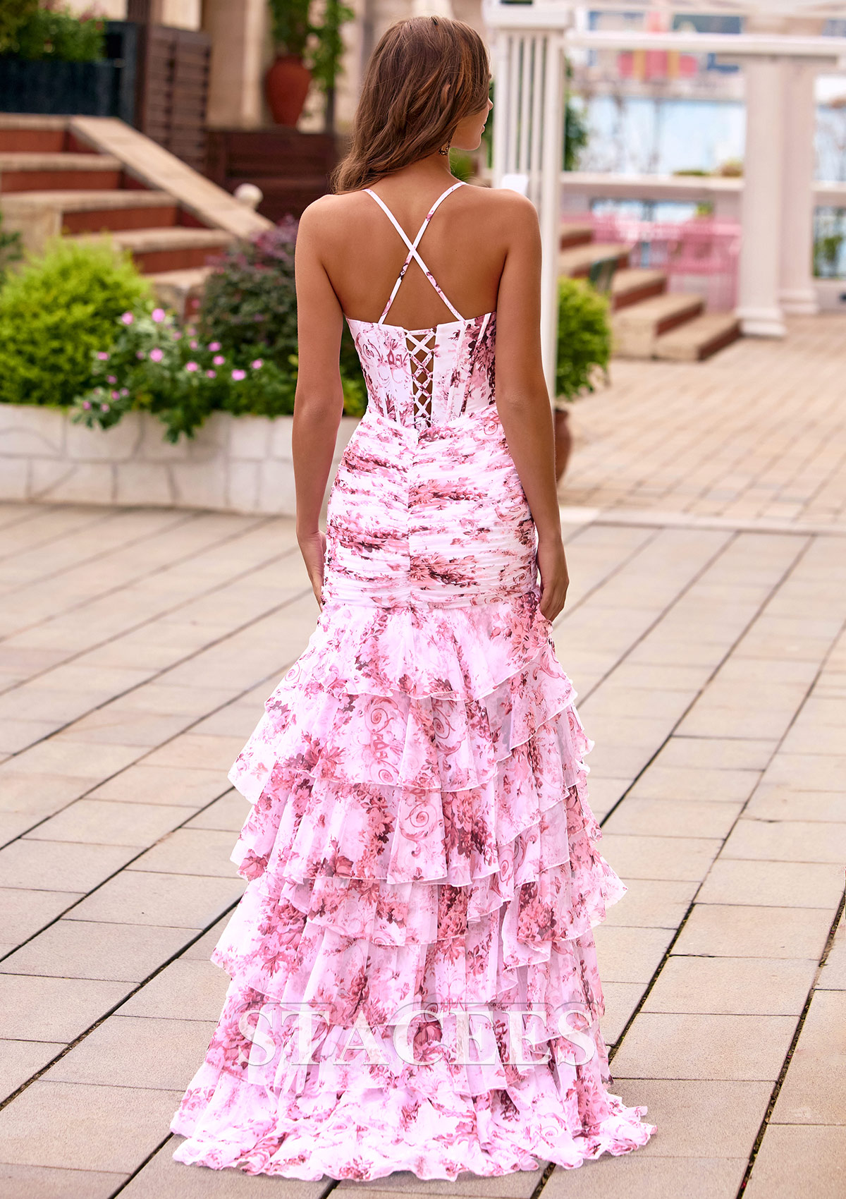Blushing Pink Floral Fitted Ruched Corset Floral Tiered Ruffle Slit Prom Dress with Detachable Straps - STACEES