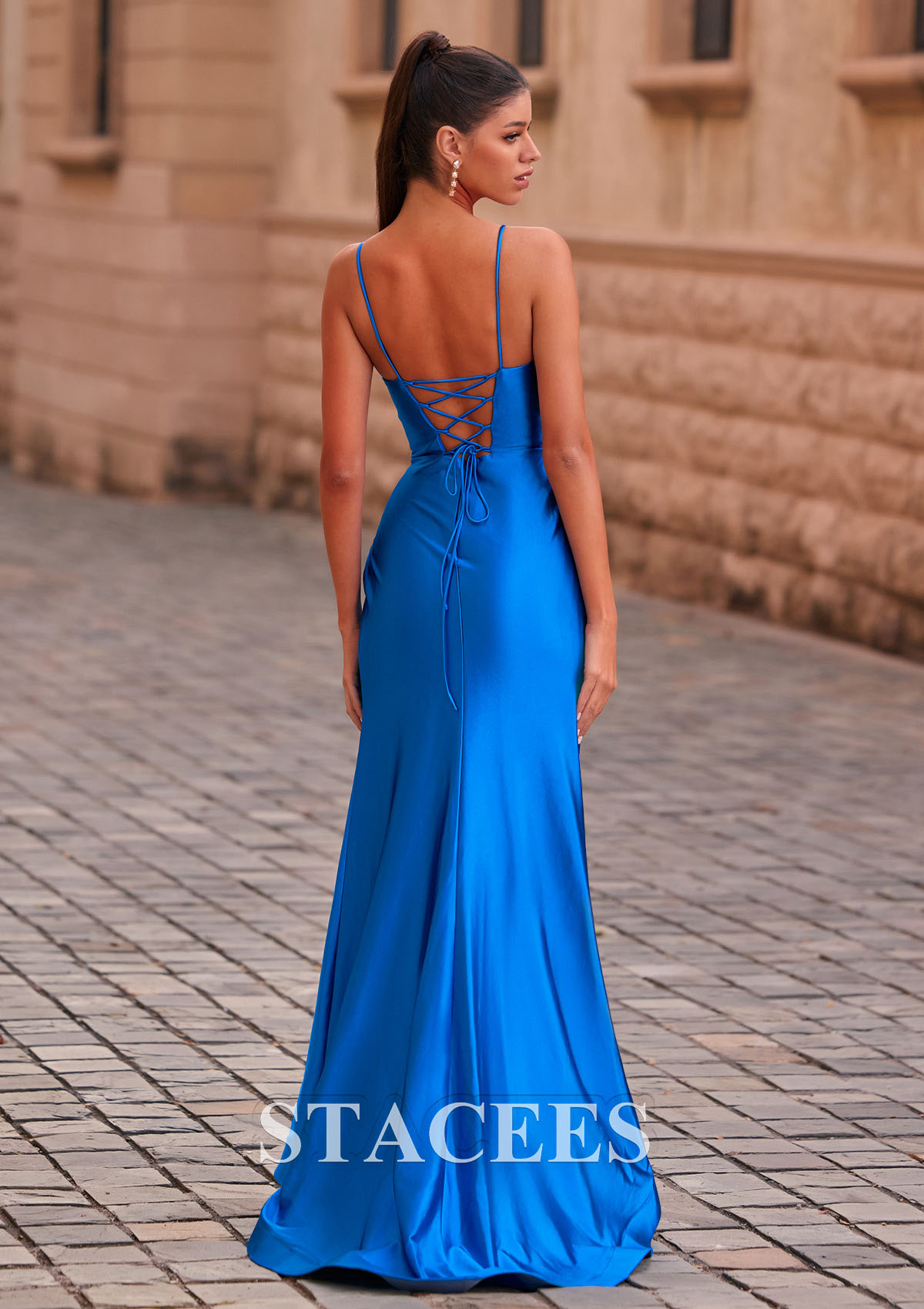 Ocean Blue Trumpet/Mermaid V Neck Silk like Satin Sweep Train Prom Dress with Pleated Split - STACEES
