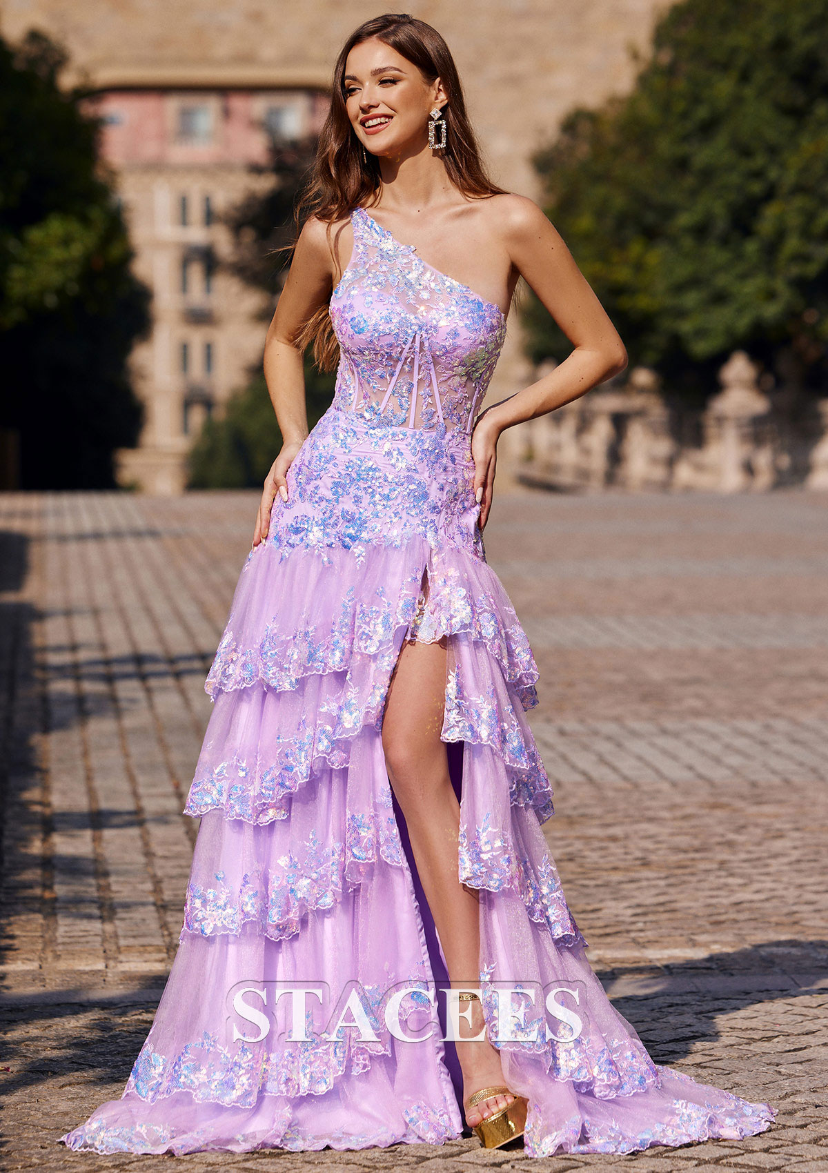 Lila Vestido línea a un hombro lentejuelas tren de la corte vestido de graduación - STACEES