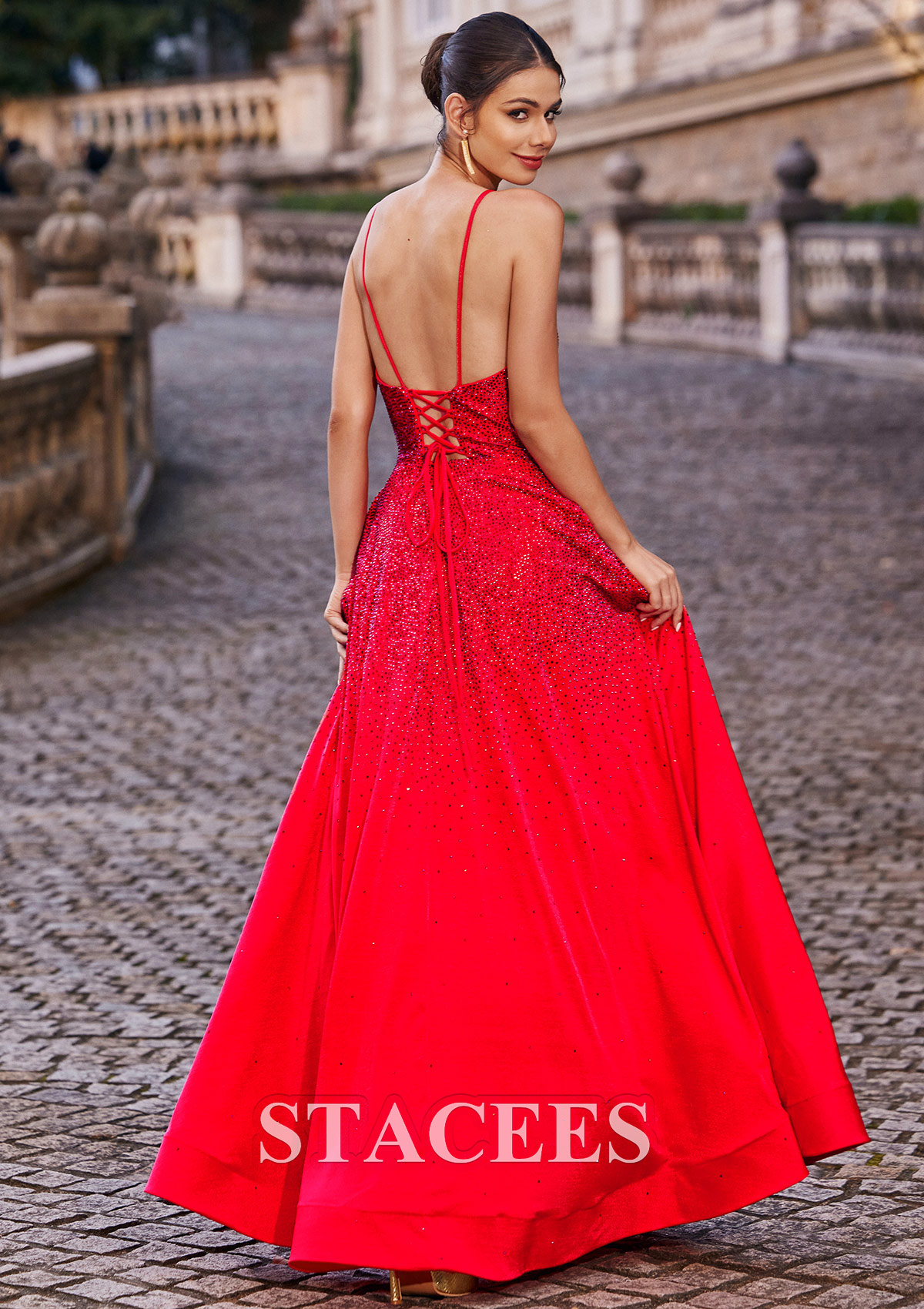 Red A-line Princess V Neck Floor-Length Satin Prom Dress with Beading Pockets - STACEES