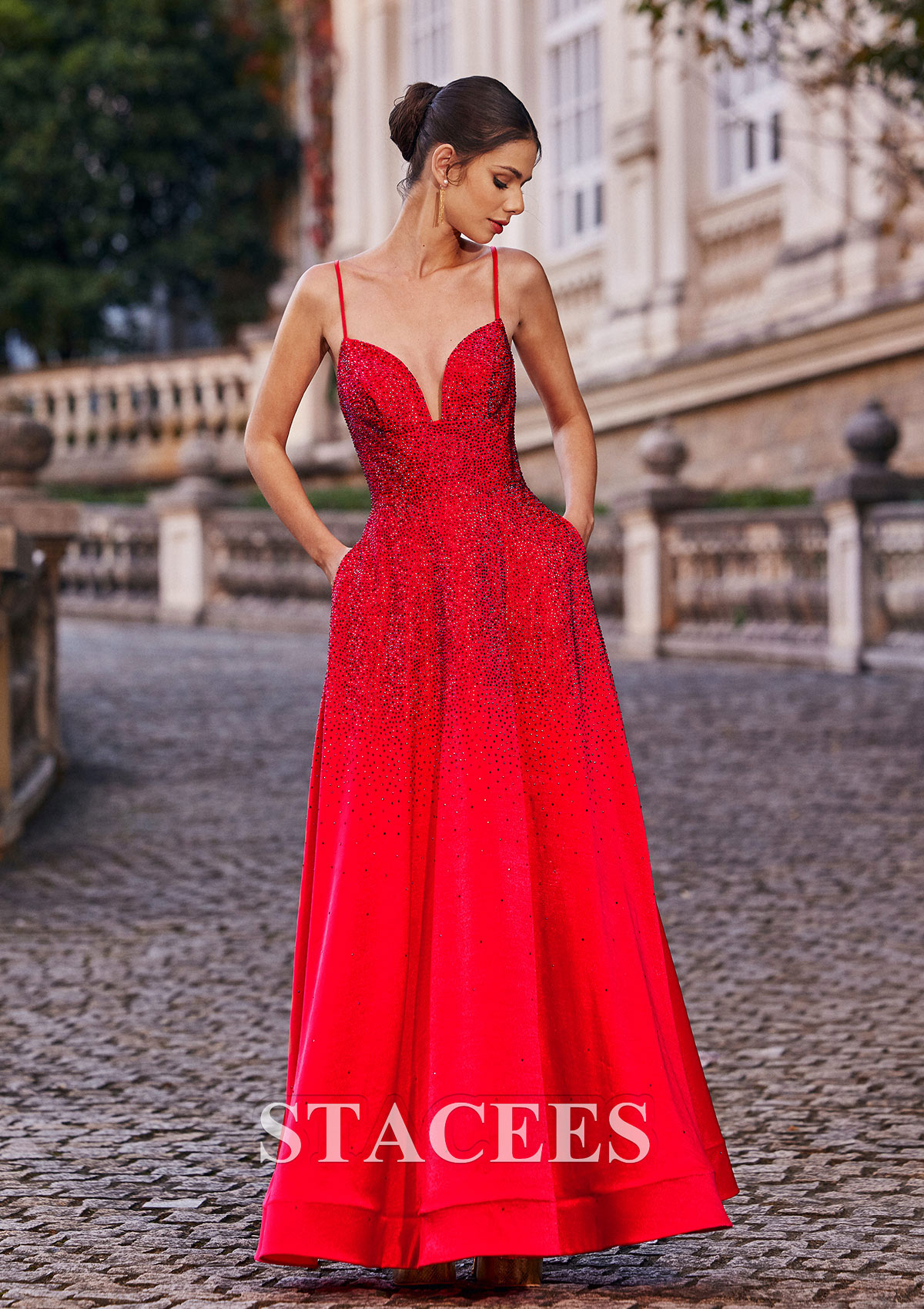 Red A-line Princess V Neck Floor-Length Satin Prom Dress with Beading Pockets - STACEES