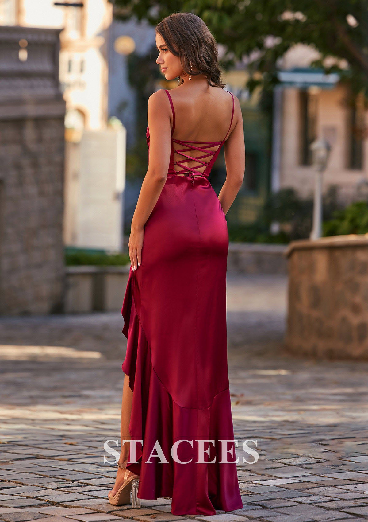 Burgundy Sheath Cowl Neck Fitted Satin Prom Dress with Slit Ruffled Skirt - STACEES