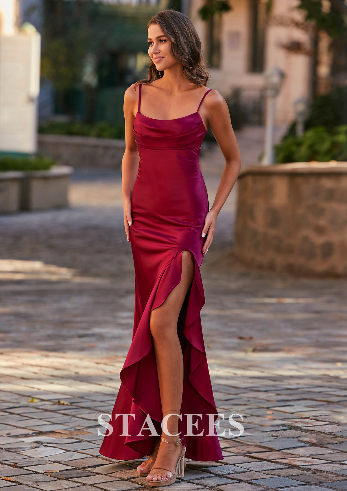 Burgundy Sheath Cowl Neck Fitted Satin Prom Dress with Slit Ruffled Skirt - STACEES