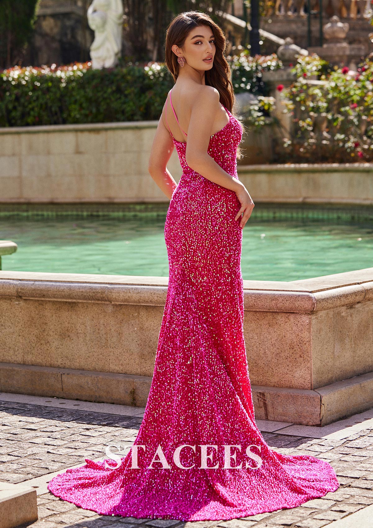 Fuchsia Sheath/Column One-Shoulder Sweep Train Velvet Sequins Prom Dress with Split - STACEES