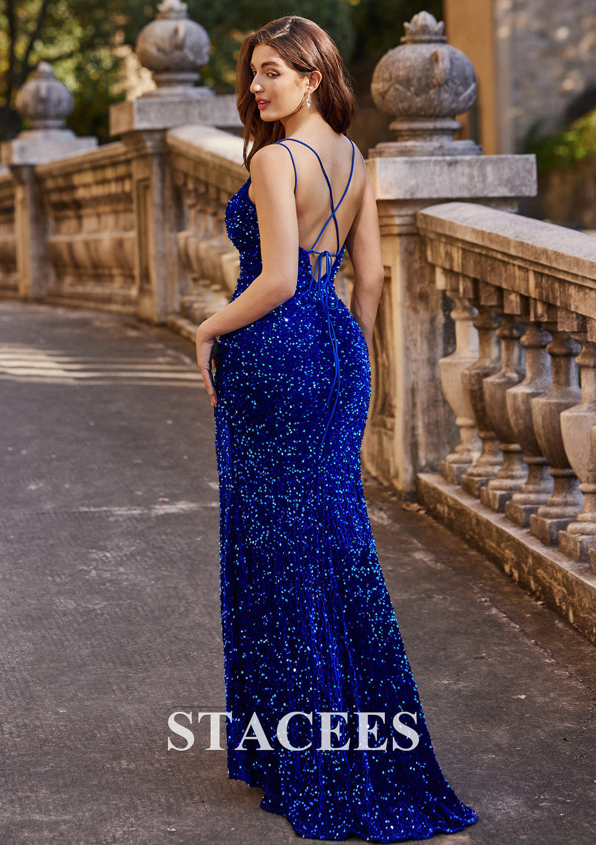 Royal Blue Sheath/Column Scoop Neck Sweep Train Velvet Sequins Prom Dress with Split - STACEES