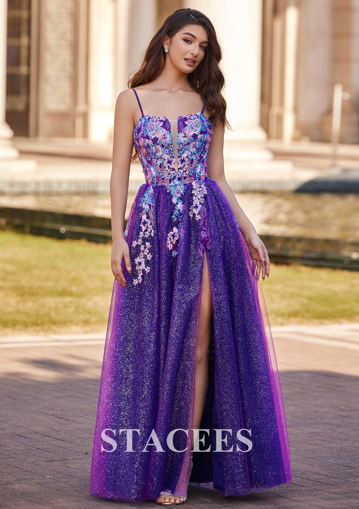 Orchid A-line Square Neckline Floor-Length Tulle Prom Dress with Appliqued Split Glitter - STACEES