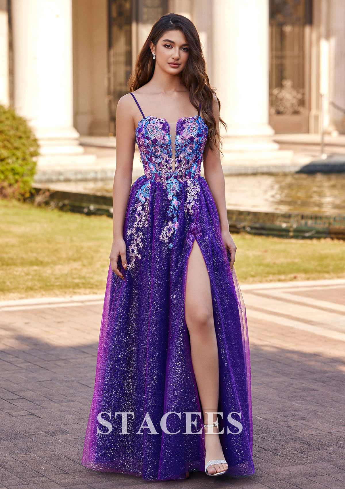 Orchid A-line Square Neckline Floor-Length Tulle Prom Dress with Appliqued Split Glitter - STACEES