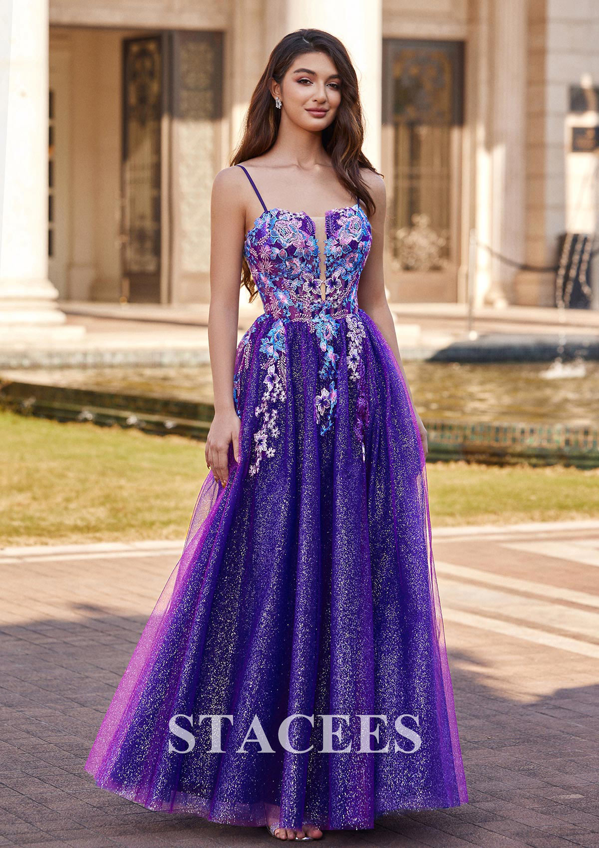 Orchid A-line Square Neckline Floor-Length Tulle Prom Dress with Appliqued Split Glitter - STACEES