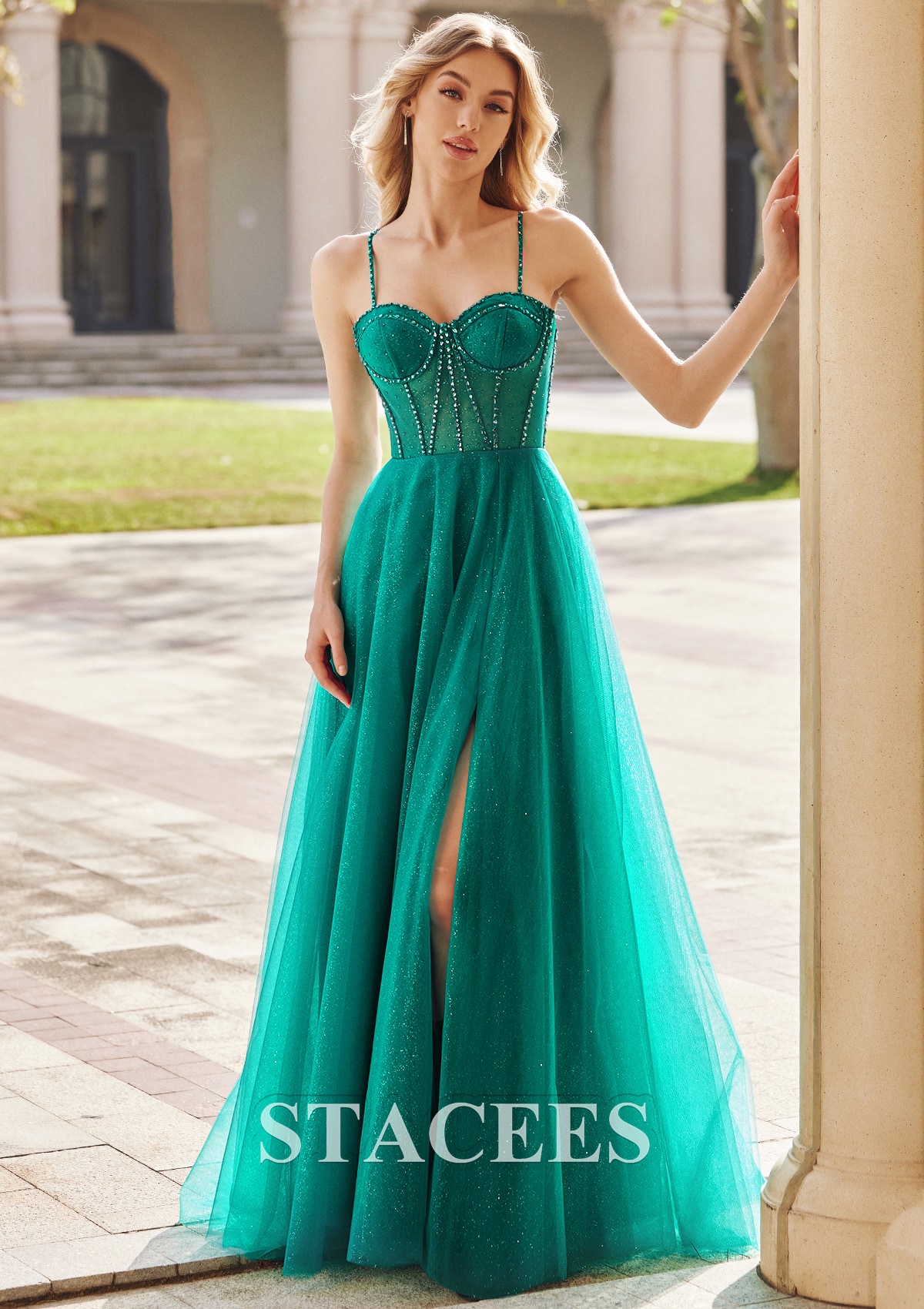 Teal Cuello de corazón vestido línea a tul hasta el suelo vestidos de graduación - STACEES