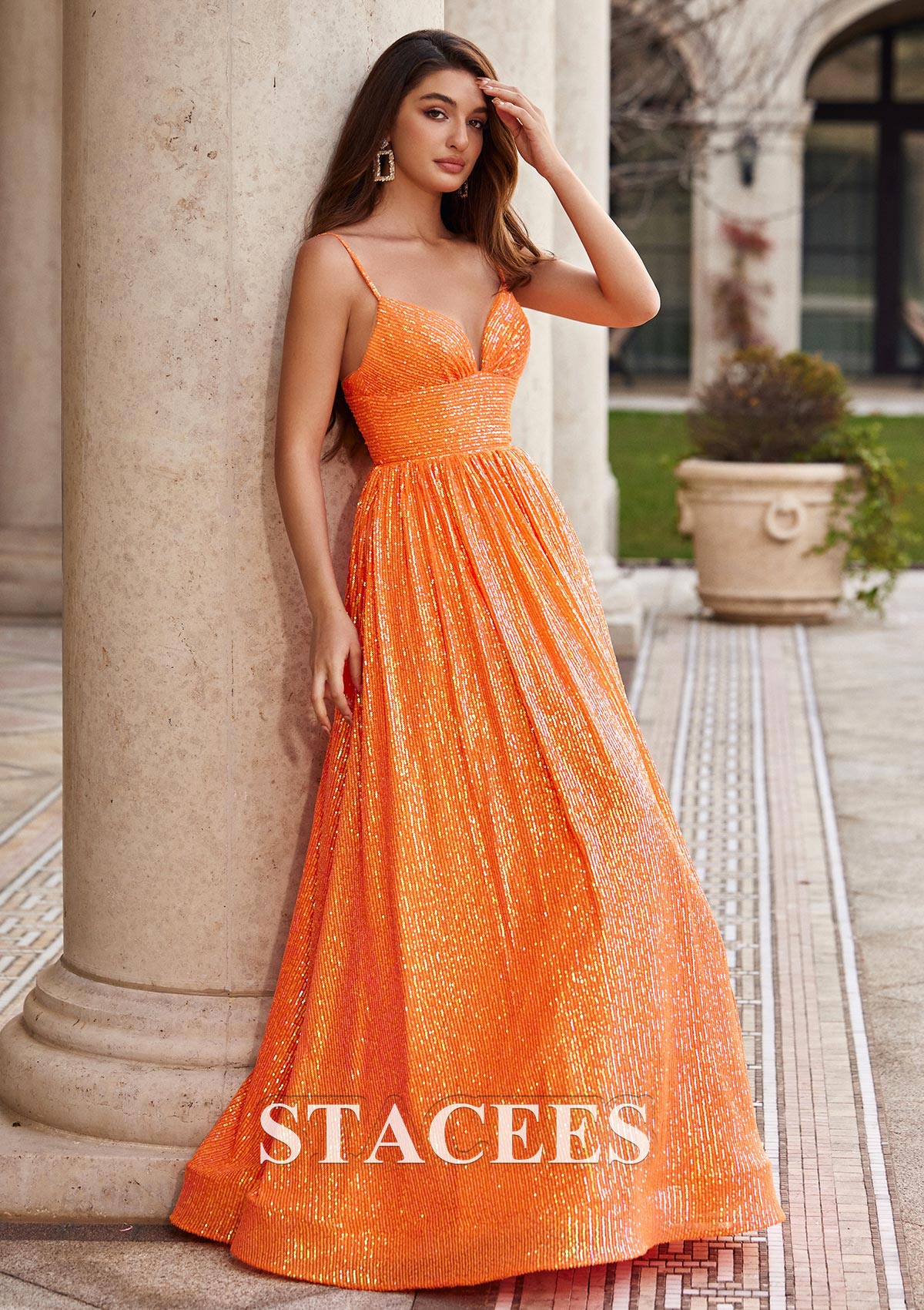 Orange Robe trapèze princesse col en v paillettes ras du sol robe de bal - STACEES