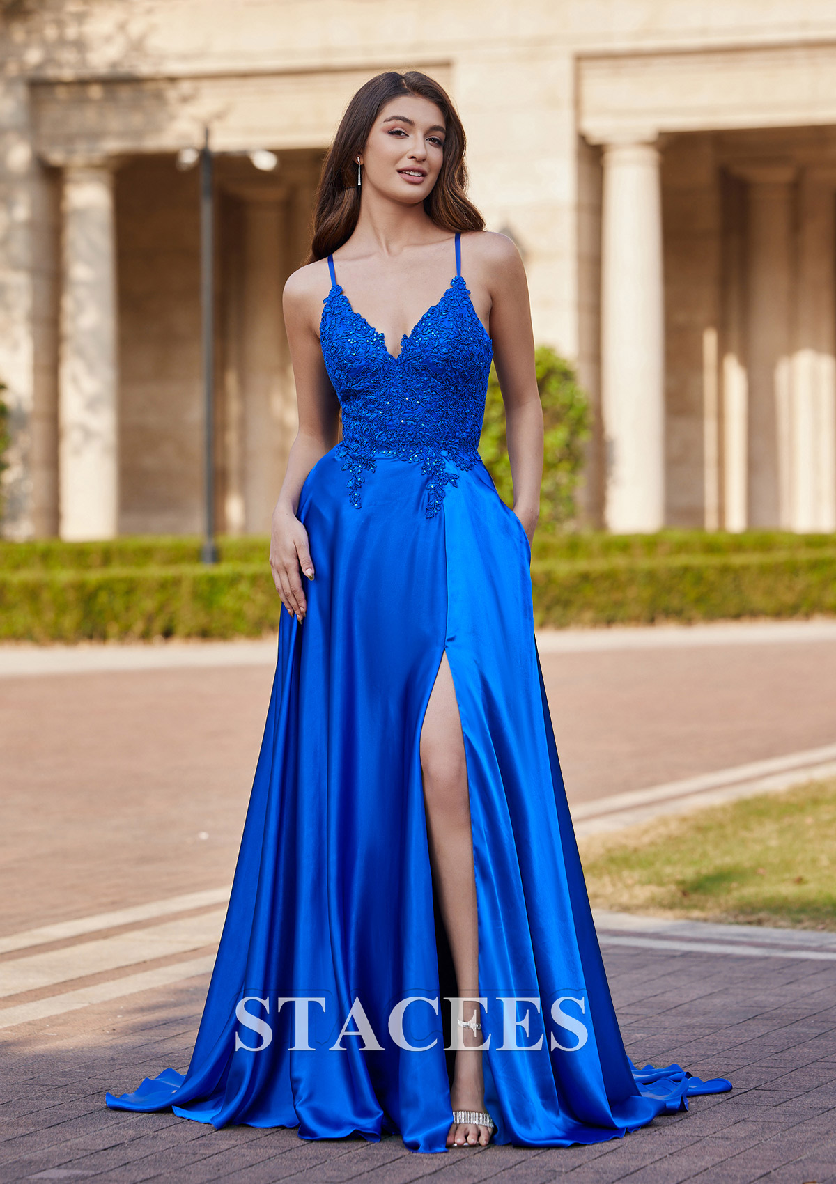 Royal Blue A-line V Neck Sweep Train Charmeuse Prom Dress with Appliqued Pockets Sequins - STACEES