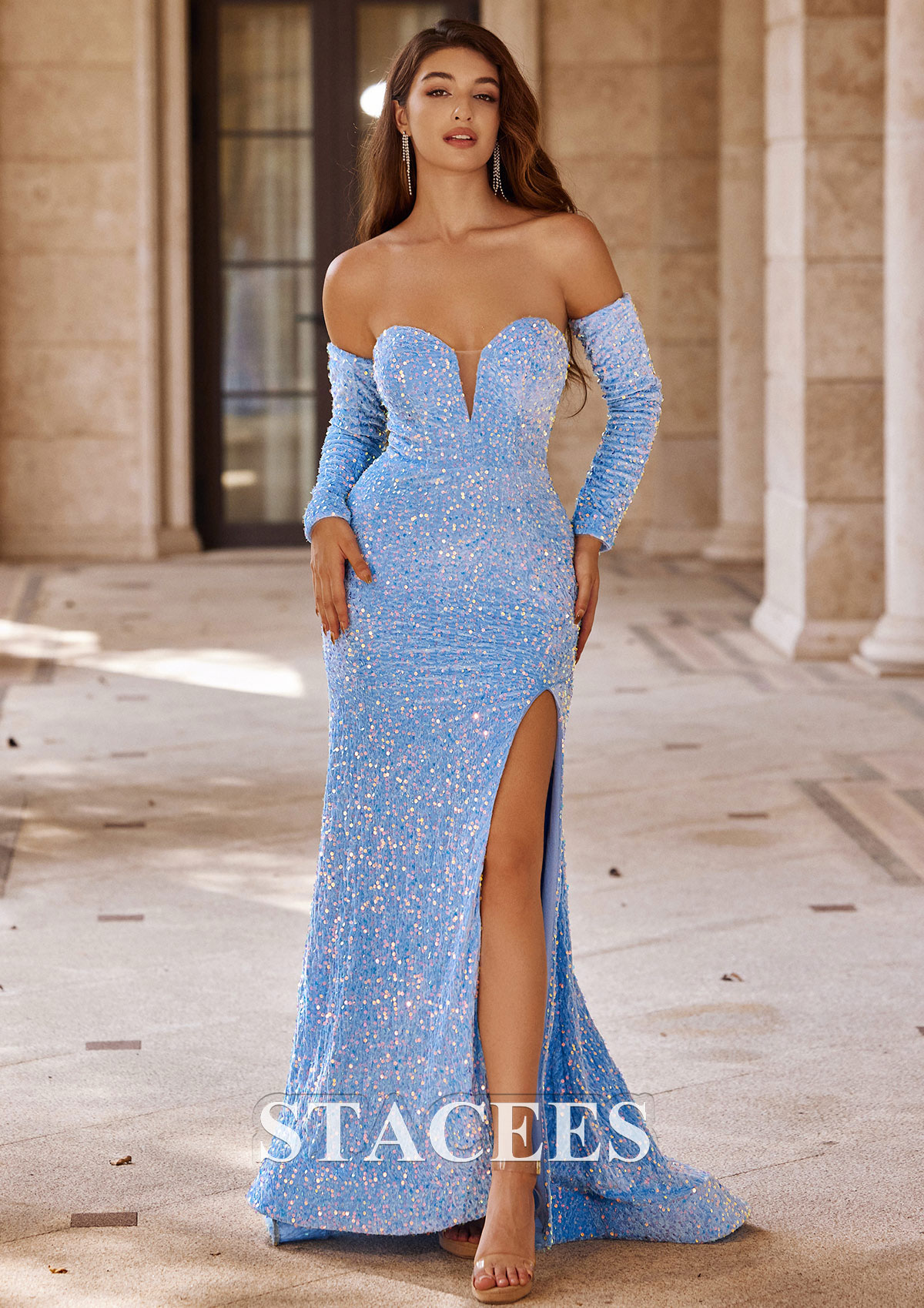 Lavande Trumpette/Sirène cache coeur velours paillettes traîne balayage robe de bal - STACEES