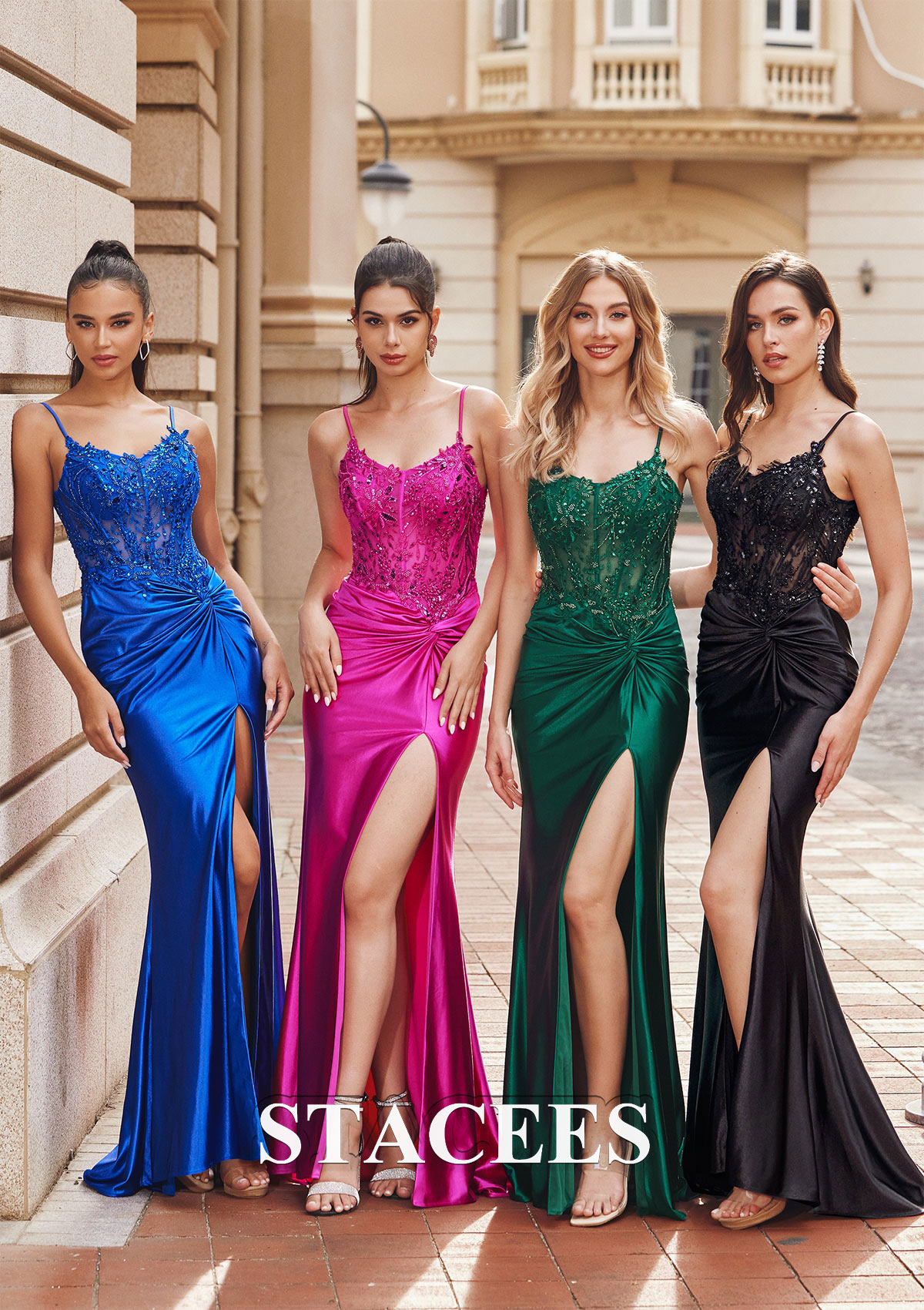 Trumpet/Mermaid V Neck Sleeveless Sweep Train Silk like Satin Prom Dress with Appliqued Beading Sequins Split - STACEES
