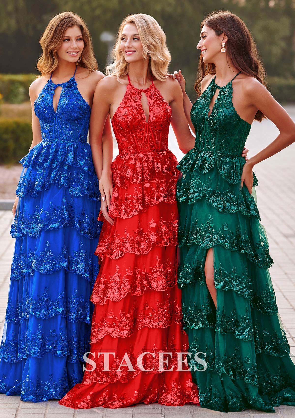 Ocean Blue Vestido línea a cuello halter tul barrer tren vestido de graduación - STACEES