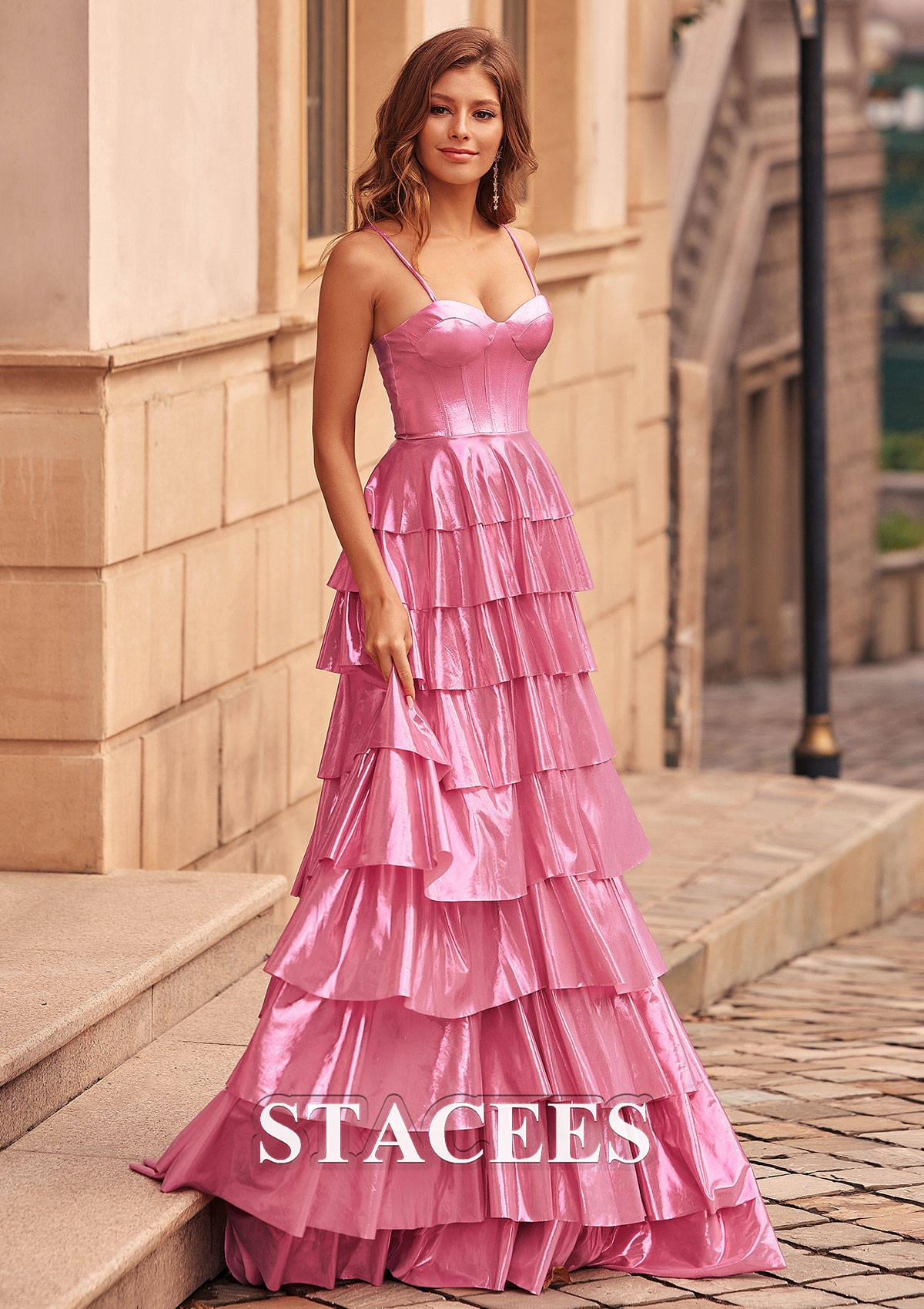Candy Pink A-line Strapless Metallic Sweep Train Ruffles Prom Dress - STACEES