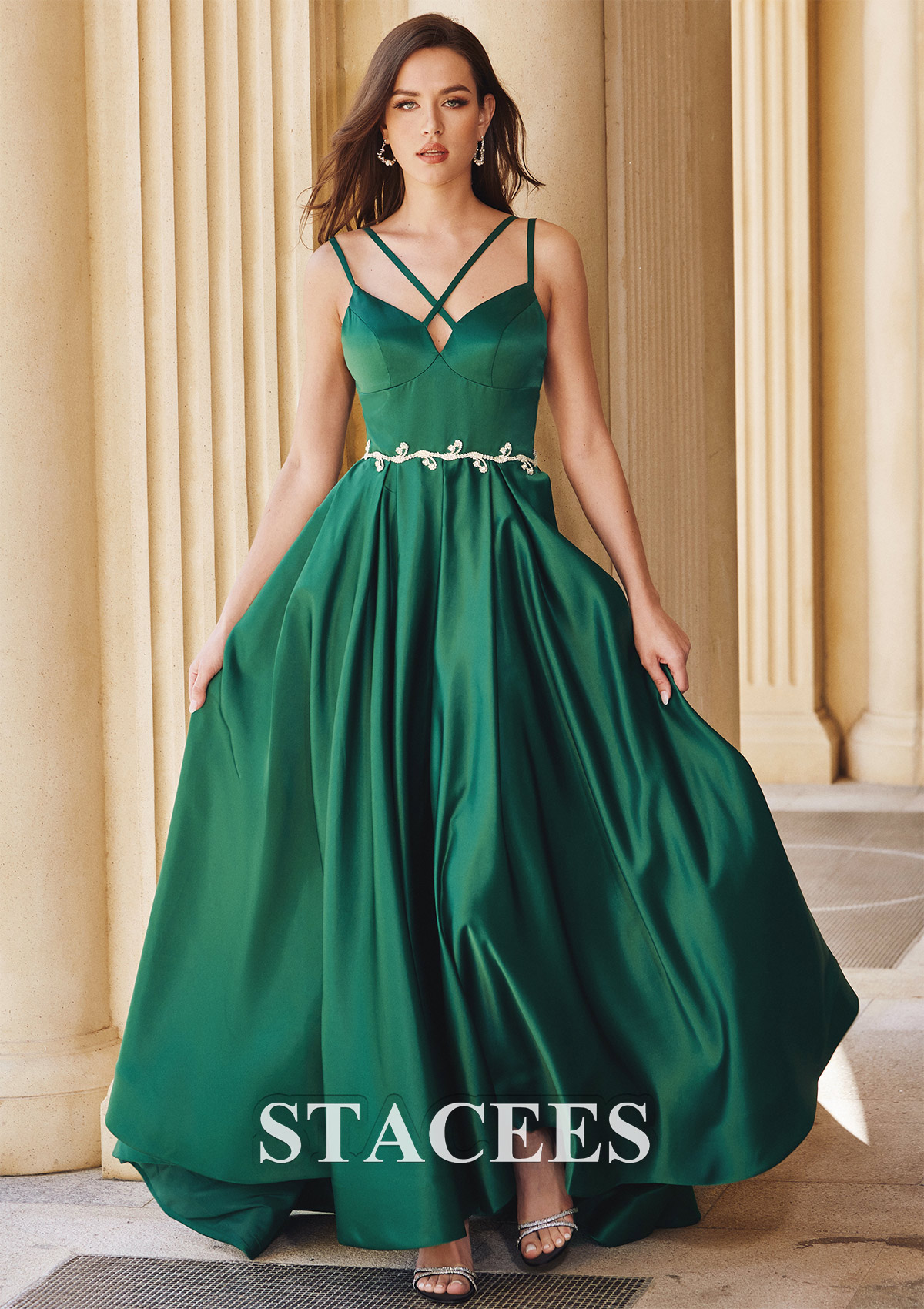 Dark Green A-line V Neck Sleeveless Sweep Train Satin Prom Dress with Waistband Split - STACEES