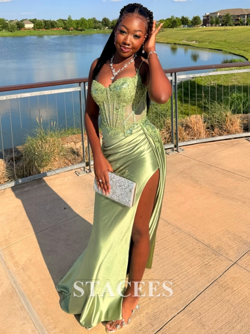 lady prom dress reviews Fitted Applique V Neck Silk like Satin Corset Slit with Side Draping S8413P - Prom Dresses February26