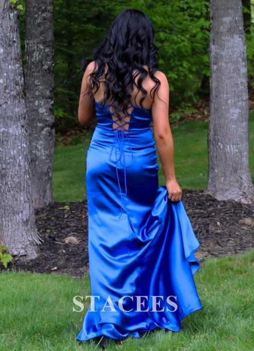 Mermaid V Neck Satin Prom Dress with Slit Pleated Bodice Spaghetti Straps S8237P - Prom Dresses
